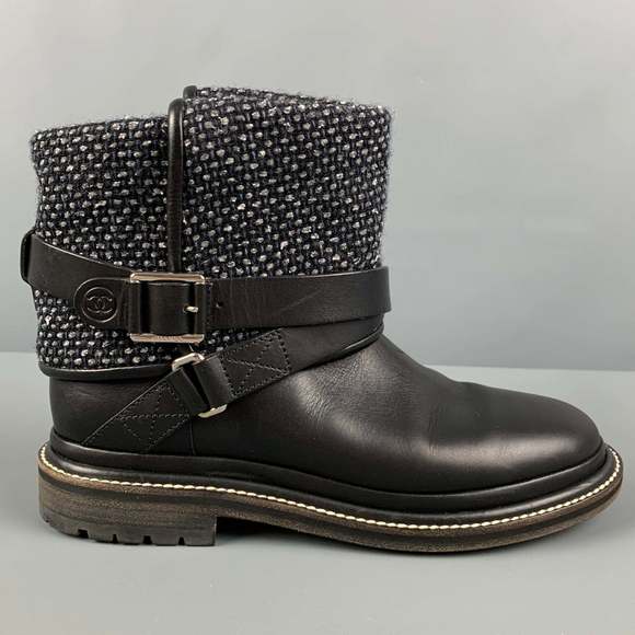 CHANEL Shoes - CHANEL Black Grey Tweed Mixed Materials Pull On Boots